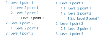 	1.	Level 1 point 1 	1.	Level 2 point 1 	2.	Level 2 point 2 	i.	Level 3 point 1 	2.	Level 1 point 2 	1.	Level 2 point 1 	3.	Level 1 point 3 	1.	Level 1 point 1 1.1.	Level 2 point 1 1.2.	Level 2 point 2 1.2.i.	Level 3 point 1 	2.	Level 1 point 2 2.1.	Level 2 point 1 	3.	Level 1 point 3