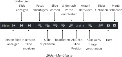 Ersten Slide anzeigen Vorherigen Slide anzeigen Nächsten Slide anzeigen  Fotos hinzufügen Slide duplizieren  Slide löschen Bearbeiten  Slide nach vorne verschieben  Aktuelle Slide Position Anzahl der Slides Slide nach hinten verschieben Slider  Optionen Hilfe Menü schließen Slider-Menüleiste