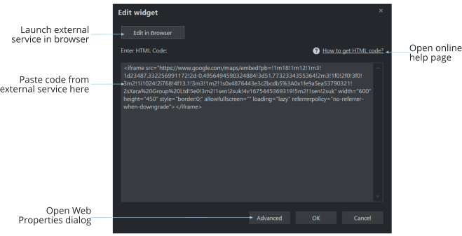 Launch external service in browser Paste code from external service here Open online help page Open Web Properties dialog
