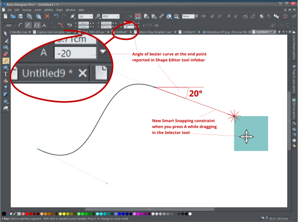20° New Smart Snapping constraint when you press A while dragging in the Selector tool Angle of bezier curve at the end point reported in Shape Editor tool infobar