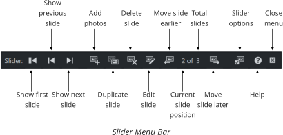 Show first slide Show previous slide Show next slide  Add photos Duplicate slide  Delete slide Edit slide  Move slide earlier  Current slide position Total slides Move slide later Slider options Help Close menu Slider Menu Bar